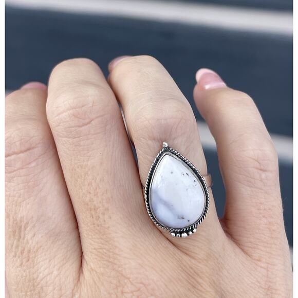Dendritic Opal Ring Sterling Silver Teardrop White Stone Boho Western Size 6.5 - Picture 1 of 10